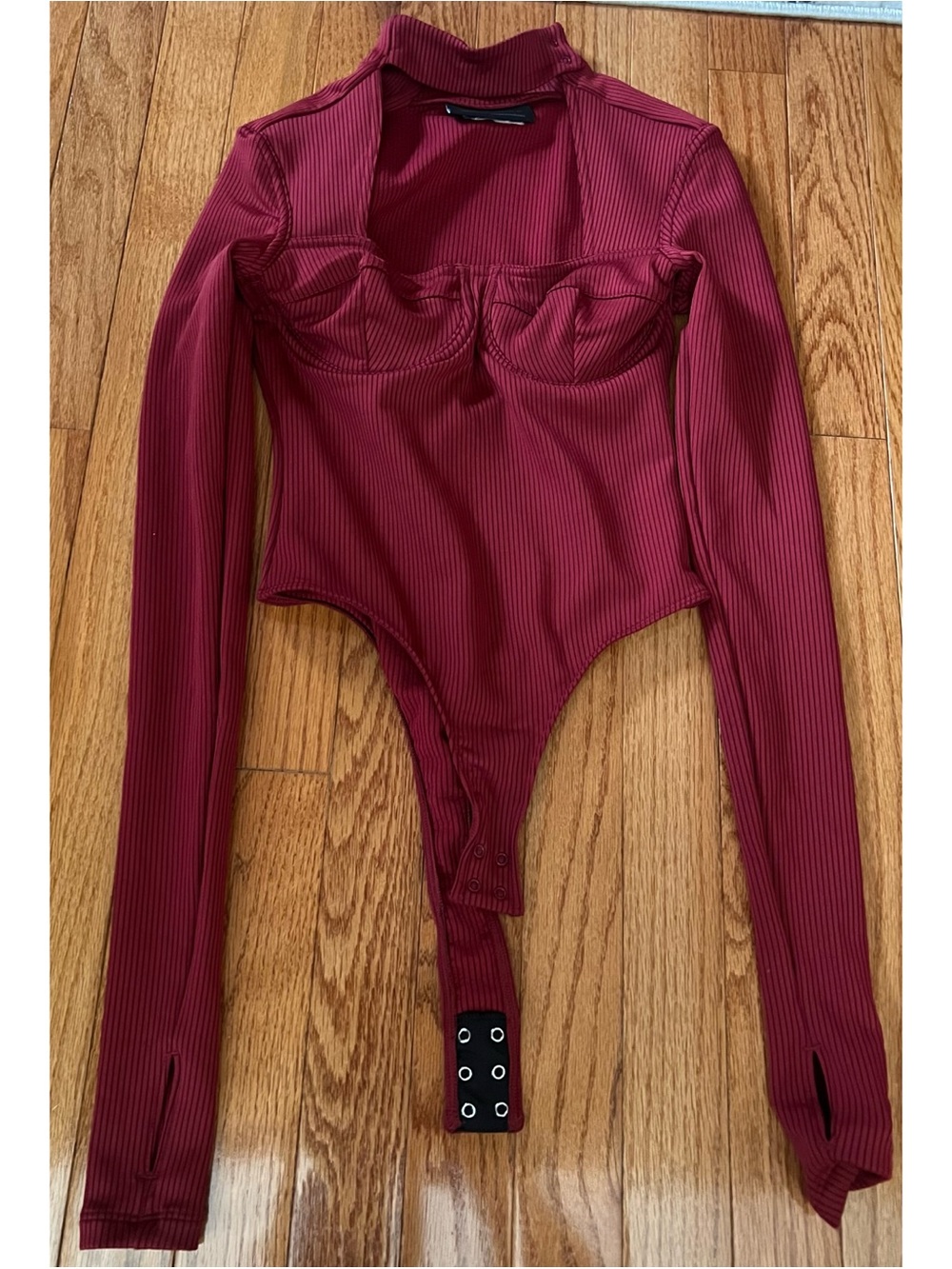 Cardi B Ribbed Burgundy Long Sleeve Bustier Bodysuit